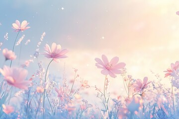 Wall Mural - A field of pink flowers with a blue sky in the background