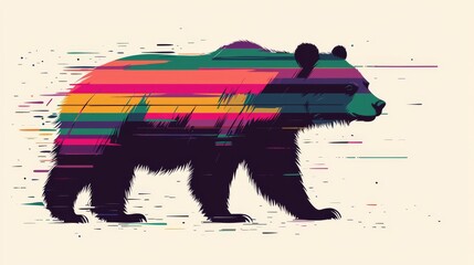 A colorful, minimalistic bear shape that adds a whimsical feel to any area with its vivid pattern on a plain canvas.