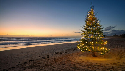 Wall Mural - A brightly lit Christmas tree with a glowing star on top stands alone on a peaceful beach at sunset.