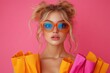 © Sahara 02 - Stylish woman in vibrant sunglasses holding colorful shopping bags, perfect for fashion, retail, and lifestyle promotions