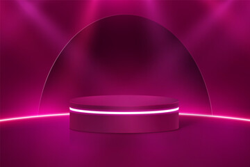 Wall Mural - Vector rendering 3d background, Mockup product display. Futuristic minimal wall scene. Dark blue cylinder pedestal podium. Sci-fi abstract room concept with glowing neon curve lighting line.