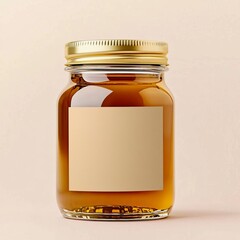 Honey jar with a blank kraft paper label and gold lid, positioned on a plain beige studio background