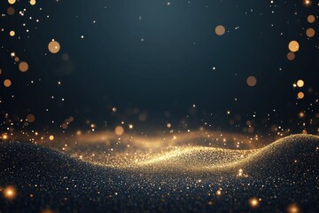 Fototapete - Abstract golden glitter waves flow gracefully against a dark background, providing an elegant backdrop with room for additional text. Generative AI