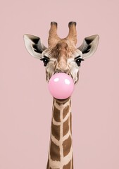 Wall Mural - Amusing animal concept, a cute giraffe portrait with it chewing gum, creating bubbles, and posing for an ID on a pink background.