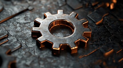 Aufkleber - A metallic gear on a textured surface, symbolizing machinery and industrial design.