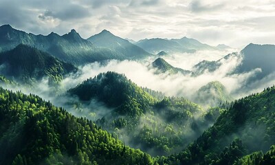 Wall Mural - lush green mountains enveloped in misty clouds.