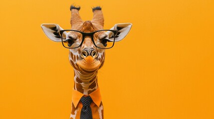 Wall Mural - A bespectacled giraffe set against a yellow background, perfect for animal backgrounds and banners.