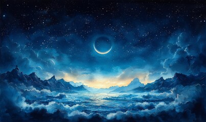 Wall Mural - watercolor paints bring to life a starry night sky filled with constellations, shooting stars, and a