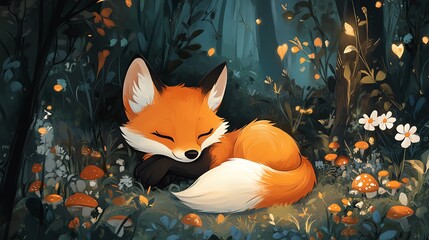 Wall Mural - a peaceful fox sleeping in a vibrant forest filled with flowers and mushrooms.