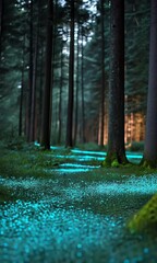 Wall Mural - A forest path is lit up with blue lights. The lights are shining on the ground and on the trees