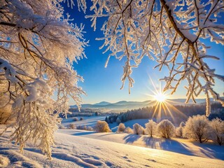 Wall Mural - Enchanted Frosted Tree Branches in a Winter Wonderland Scene with Sparkling Snow and Soft Light, Perfect for Capturing the Essence of a Magical Winter Landscape