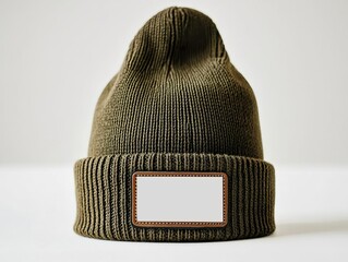 front view of a dark olive beanie hat with a blank leather patch, isolated on a seamless white backd