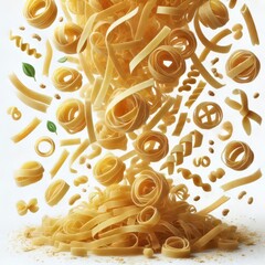 Wall Mural - Falling raw Tagliatelle, Tagliolini, Fettuccine, uncooked Italian Pasta, isolated on white background, full depth of field
