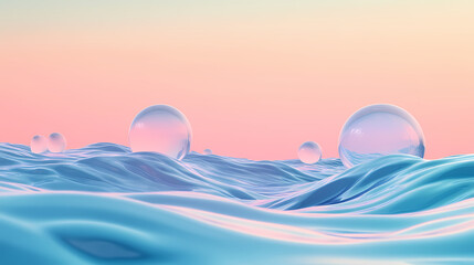 Wall Mural - Spheres on layered waves transition from ocean depths to a sky-like gradient, background, wallpaper. beautiful simple ai generated image in unique. Echo. Illustration