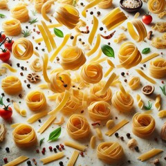 Wall Mural - Falling raw Tagliatelle, Tagliolini, Fettuccine, uncooked Italian Pasta, isolated on white background, full depth of field
