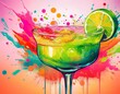 © João Macedo - National Margarita Day, A vibrant, abstract painting of a margarita, with splashes of lime green, orange, and pink