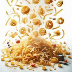 Wall Mural - Falling raw Tagliatelle, Tagliolini, Fettuccine, uncooked Italian Pasta, isolated on white background, full depth of field
