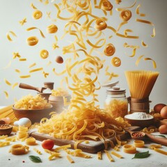 Wall Mural - Falling raw Tagliatelle, Tagliolini, Fettuccine, uncooked Italian Pasta, isolated on white background, full depth of field
