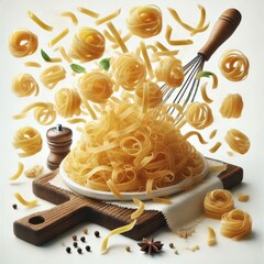 Wall Mural - Falling raw Tagliatelle, Tagliolini, Fettuccine, uncooked Italian Pasta, isolated on white background, full depth of field
