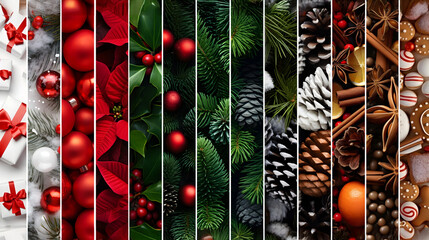 Wall Mural - Abstract background with seasonal and winter stripes with plant, leaf, ball, cone, spice, sweets and gifts texture. Horizontal composition. Concept of Christmas, holiday and New Year.