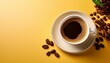 © Amanda - refreshing cup of coffee sitting next to a coffee bean on a soft yellow background