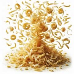 Falling raw Tagliatelle, Tagliolini, Fettuccine, uncooked Italian Pasta, isolated on white background, full depth of field
