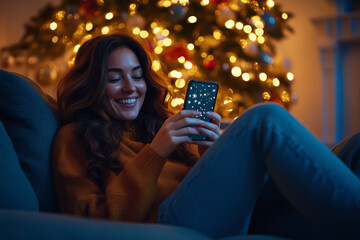 Smiling woman using smartphone while relaxing on couch near Christmas tree. Festive decorations and glowing lights in cozy indoor setting. Holiday season and digital connection concept