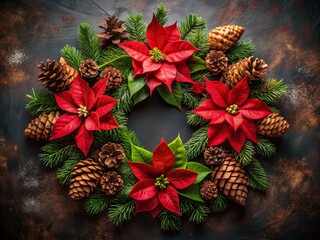 Wall Mural - Festive Christmas Wreath Featuring Lush Red Poinsettias and Natural Pine Cones Set Against a Rich Dark Background for Holiday Decor and Seasonal Celebrations