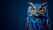 © Butsarakham - Stunning close-up of a blue owl with striking orange eyes against a dark background, showcasing intricate feather details and a captivating gaze.