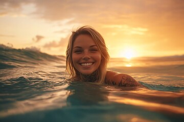 Young blonde woman with tattoos swimming in open ocean, smile, warm sunset glow on water, close-up, gentle waves, natural tropical setting 1