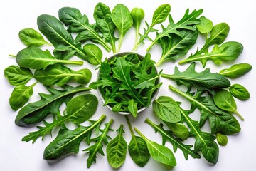 Poster - Fresh Arugula and Spinach Leaves on White Background - Healthy Diet Food Flat Lay Photography for Nutrition and Culinary Inspiration