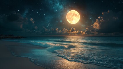 beautiful fantasy tropical beach with full moon in the night sky
