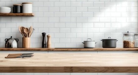 A modern kitchen interior featuring a wooden countertop, stylish utensils, and minimalist decor. Perfect for showcasing culinary creativity and inviting meal preparation.