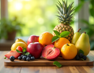 Fresh fruit arranged naturally on a wooden table with plenty of natural light for a healthy and inviting atmosphere._00001_