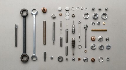 Poster - Variety of car parts and tools organized neatly, showcasing bolts, nuts, spark plugs, and wrenches, perfect for automotive projects or repairs. Generative AI