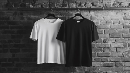 Canvas Print - a black and a white T-shirts hanging on hangers.