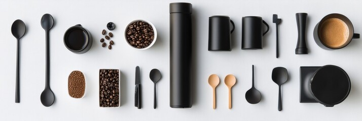 Leinwandbilder - Flat lay showcases coffee beans, various cups, spoons, and a coffee maker, suggesting a brewing moment in a stylish kitchen. Generative AI