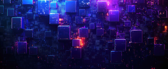 Wall Mural - digital data blocks in dark futuristic cyberspace, blue purple cubes with cyber energy like tech inn