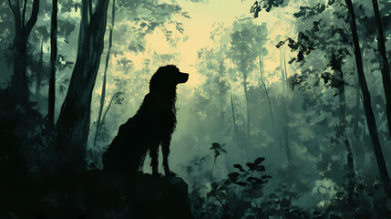 Wall Mural - A shepherd dog, a specter of summer, its silhouette a fading echo in the forest's heart. Echo. Illustration