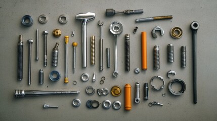 Poster - Different car parts and tools, including bolts, nuts, spark plugs, and wrenches, are neatly organized on a work surface. Generative AI