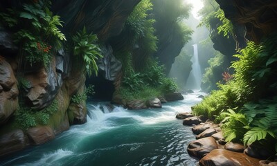 Wall Mural - Turbulent water flows through a narrow gorge between dense green foliage , sunlight filtering, forest, green bushes