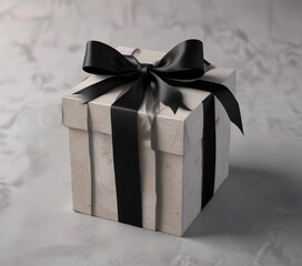 Gray pedestal supporting a beautifully crafted paper mache or wood gift box with a black ribbon and elegant details , decorative ribbon, luxury item, modern decor