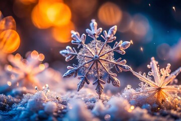 Wall Mural - Intricate Macro Photography of Snowflake Crystals Capturing the Beauty of Winter's Design in Unique Close-Up Detail for Nature and Science Enthusiasts