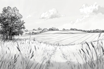sketch of a rolling landscape with fields and trees