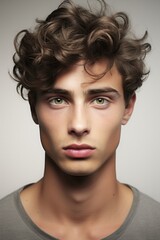 Wall Mural - Young man with curly hair and captivating green eyes poses confidently against a neutral background, showcasing a unique style and youthful energy