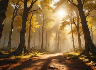 Wall Mural - Warm sunlight filters through the forest canopy, illuminating golden hues on the ground , nature's colors, leafy landscape