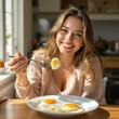 © Viktor Hamsden - Smiling Woman Enjoying Fried Egg for Breakfast in Cozy Kitchen Setting