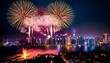 © Parichart - fireworks display, glowing city skyline, New Year’s Eve, colorful lights, vibrant city, dazzling fireworks, festive celebration, city skyline, nighttime celebration, festive atmosphere, vibrant lights