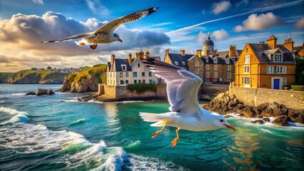 Sticker - Majestic Seagull in Flight Over the Serene Waters of Brittany: A Stunning Architectural Perspective of Coastal Beauty and Natural Harmony