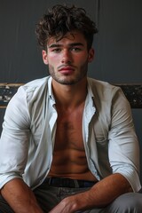 Young man seated with a confident expression, showcasing his physique and casual fashion in a minimalistic indoor setting